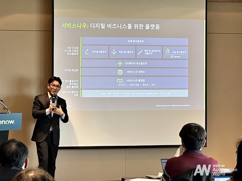 장기훈 서비스나우코리아 솔루션 컨설팅 전무가 미디어 브리핑 자리에서 유타 릴리스를 소개하고 있다. (출처 : 헬로티)